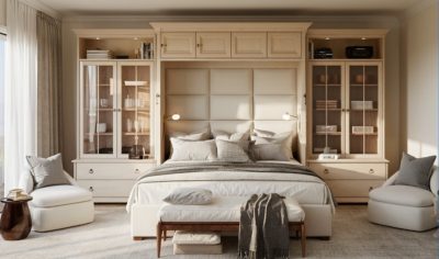 A contemporary Winnipeg bedroom featuring a wall-mounted Murphy bed with integrated cabinetry, warm wood finishes, plush bedding, and space-efficient furniture, designed to maximize functionality while maintaining a calm, comfortable atmosphere.