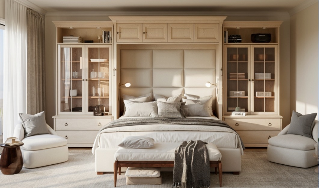 A contemporary Winnipeg bedroom featuring a wall-mounted Murphy bed with integrated cabinetry, warm wood finishes, plush bedding, and space-efficient furniture, designed to maximize functionality while maintaining a calm, comfortable atmosphere.